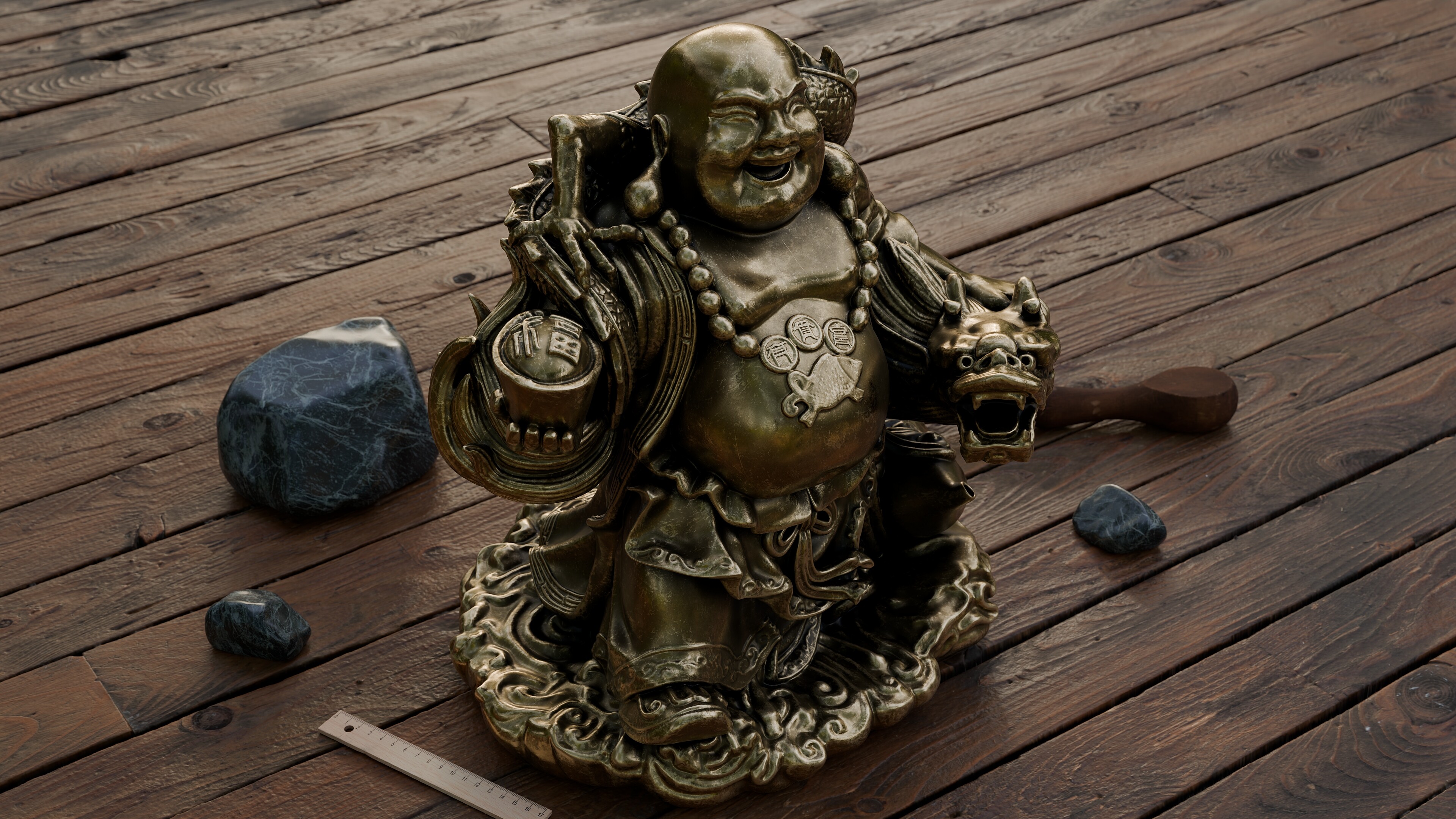 Laughing Buddha 笑佛 - Budai 布袋 with dragon - golden statue
