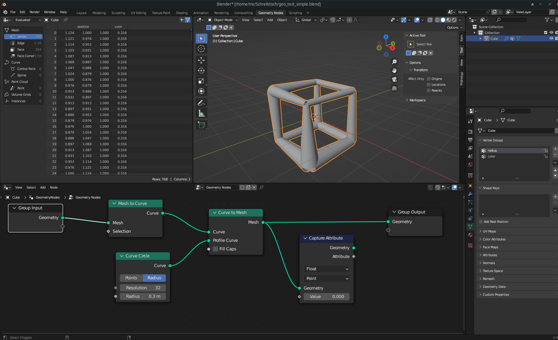 Geoemtry nodes wireframe from edges with radius and color from vertex ...