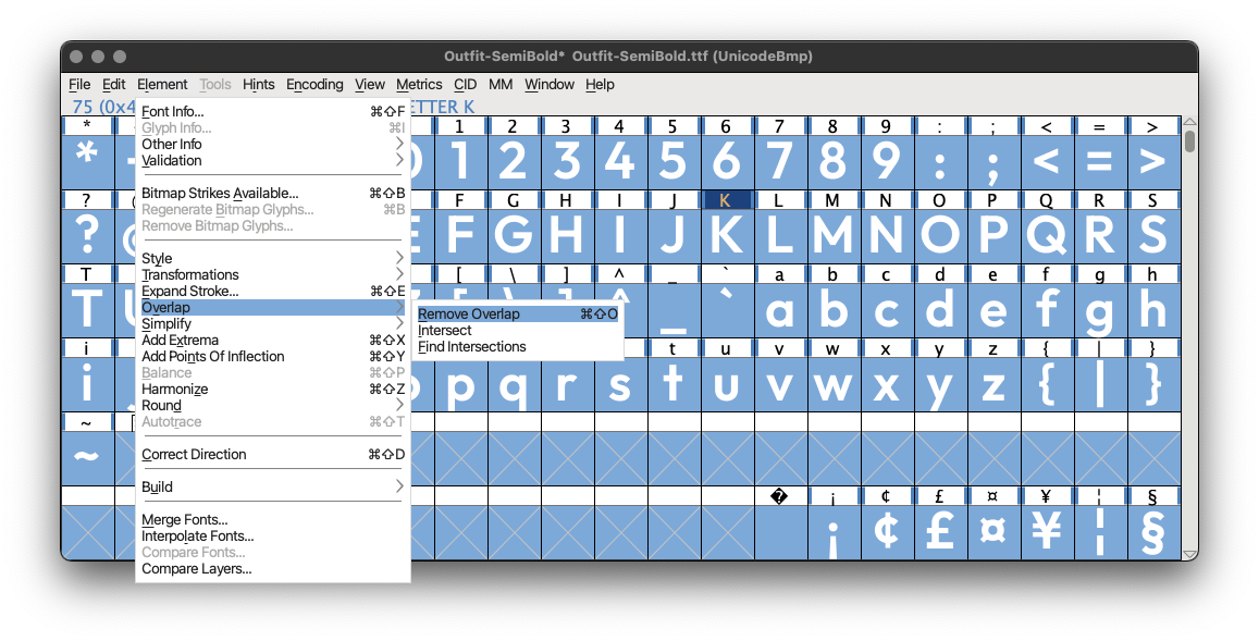 Second screenshot of Font Forge with the Element, Overlap, Remove Overlap dropdown menu path highlighted