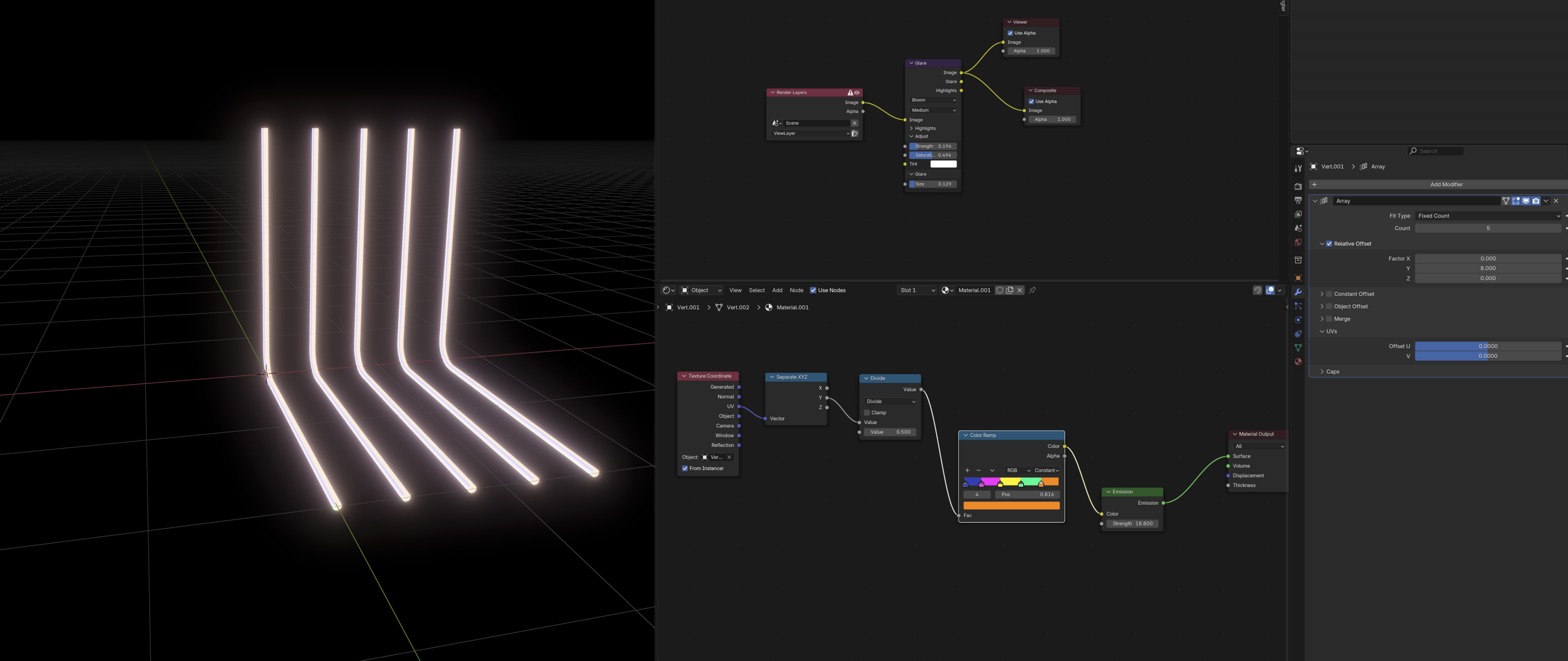 Array of objects with different colours, including an emission ...