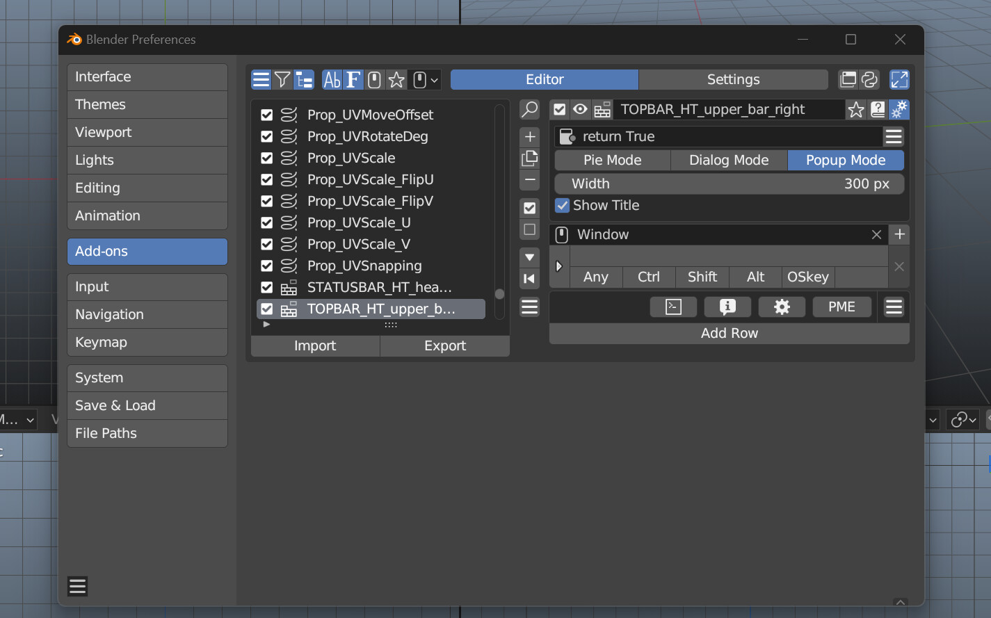 Blender Preferences opened with the Pie Menu Editor entry selected