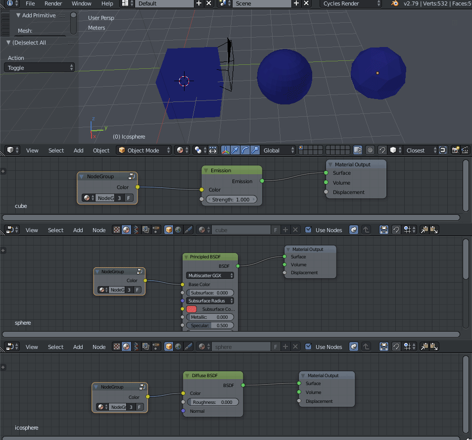 2 separated objects & 2 different materials in 1 node editor ...