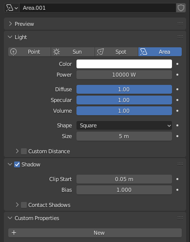 Area light settings